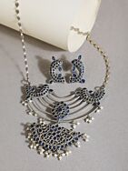 Blue Silver Tone Handcrafted Brass Necklace With Earrings Set Of 2