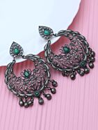 GREEN SILVER TONE HANDCRAFTED BRASS EARRINGS