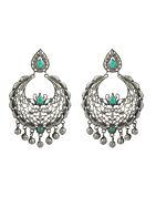 GREEN SILVER TONE HANDCRAFTED BRASS EARRINGS