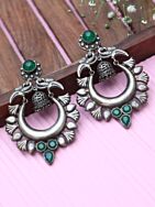 GREEN SILVER TONE HANDCRAFTED BRASS EARRINGS
