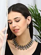 BLUE DUAL TONE TRIBAL HANDCRAFTED BRASS NECKLACE WITH EARRING (SET OF 2)