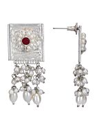 Red Stone Silver Tone Set Of Necklace & Earrings