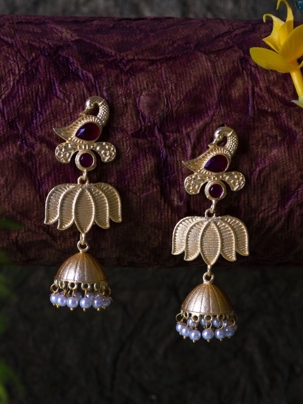 Red Stone Peacock Style Matte Gold Jhumka