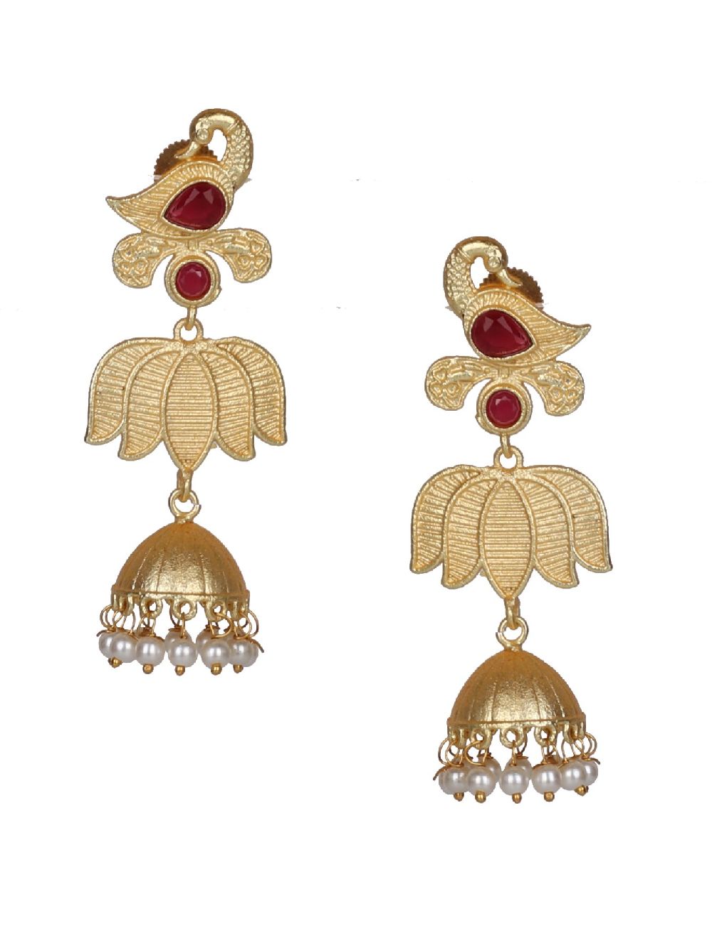 Red Stone Peacock Style Matte Gold Jhumka