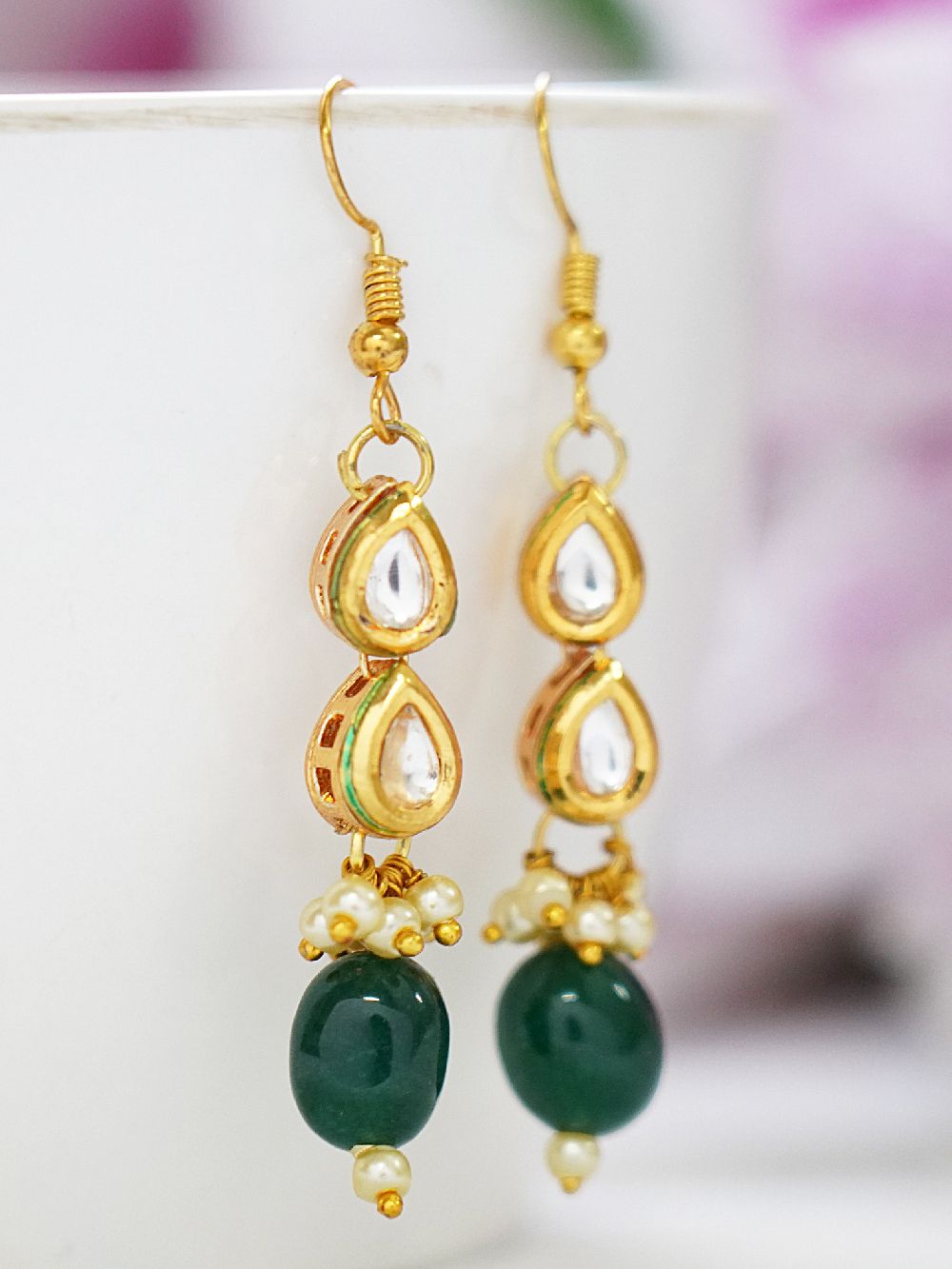 Green handcrafted Gold tone Kundan Earrings