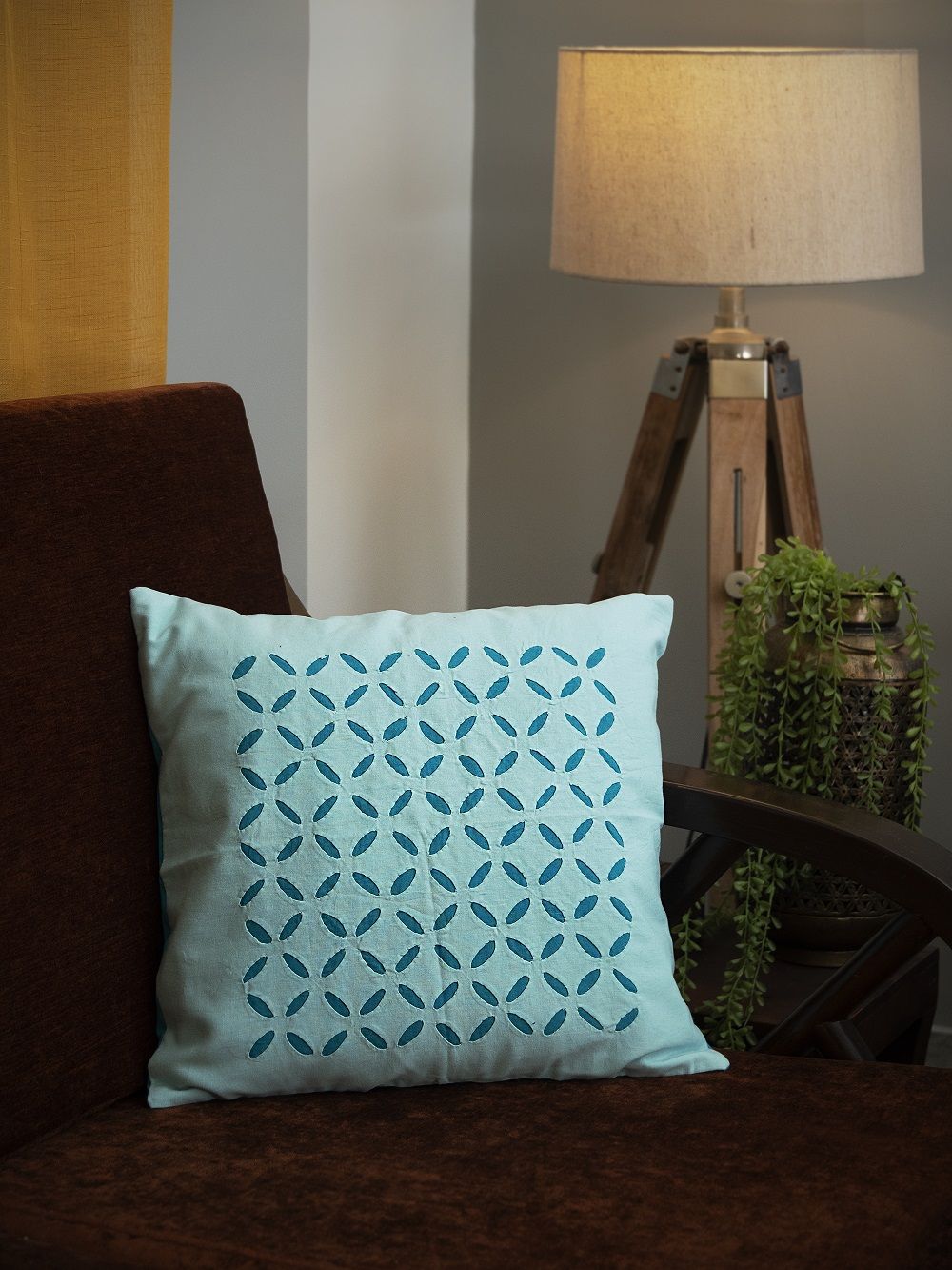 Aquamarine Applique Cutwork Cotton Cushion Cover