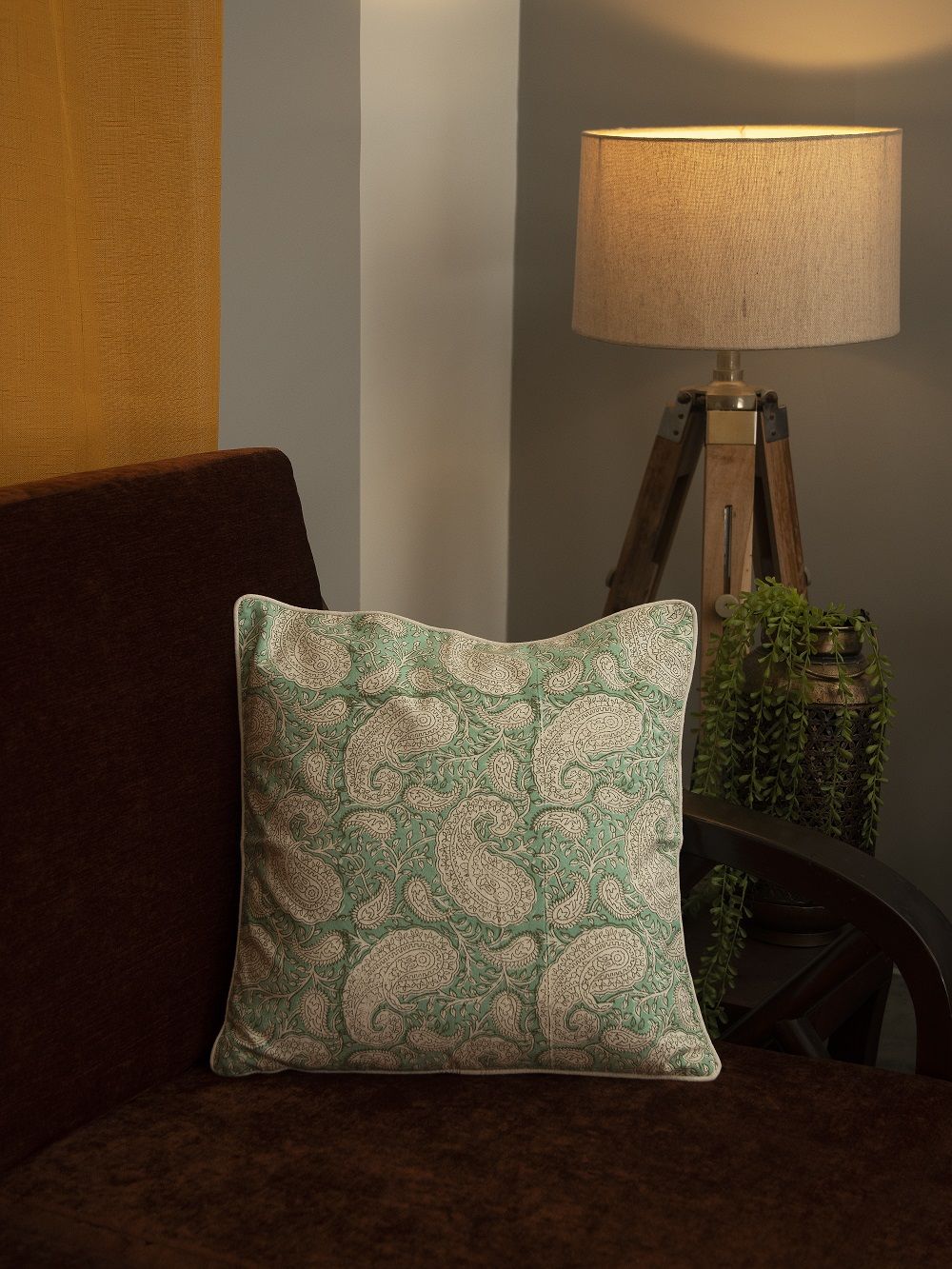 Light Green Hand Block Printed Cotton Cushion Cover