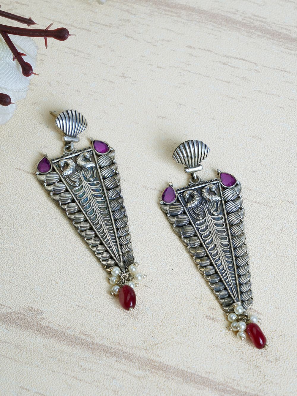 Handcrafted Silver Tone Brass Long Earrings