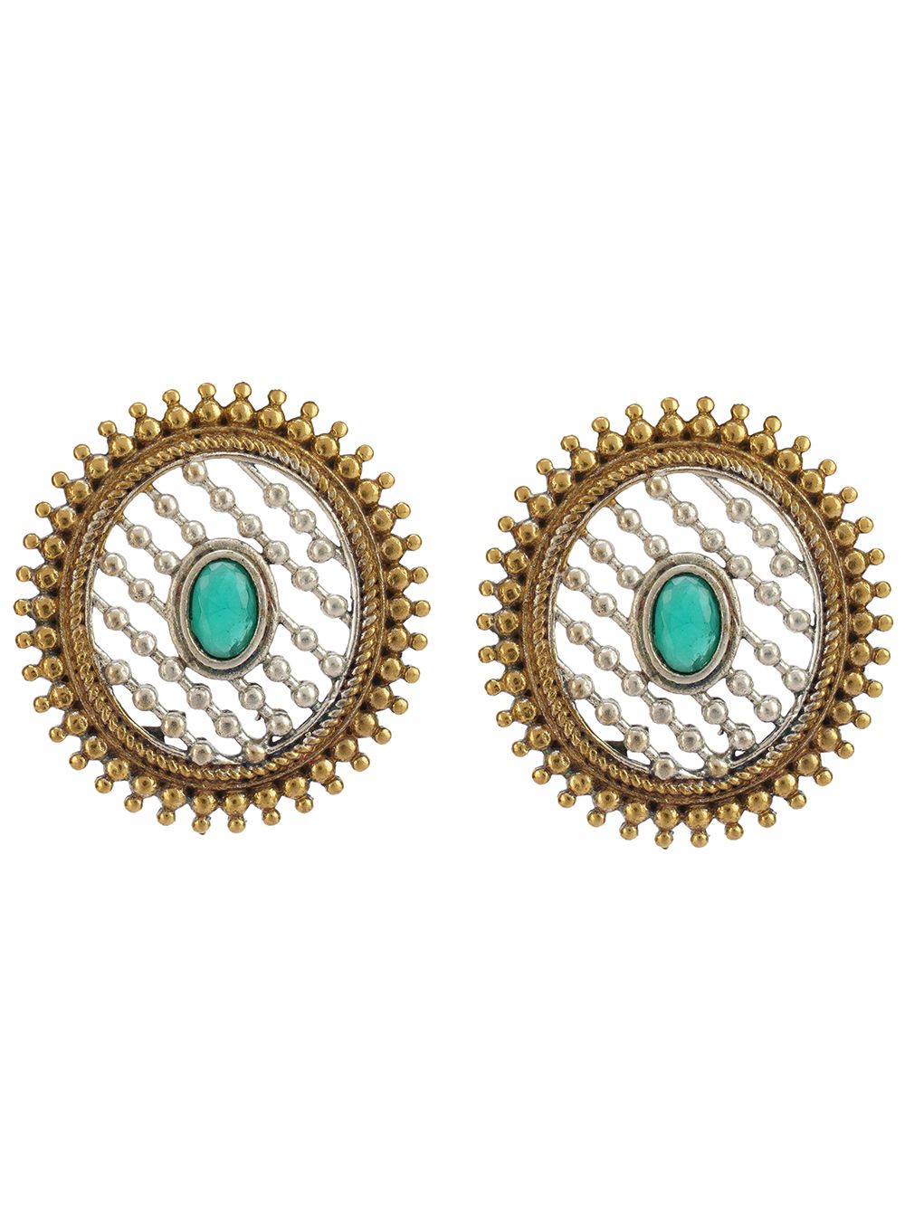 Green Handcrafted Dual Tone Brass Stud Earrings