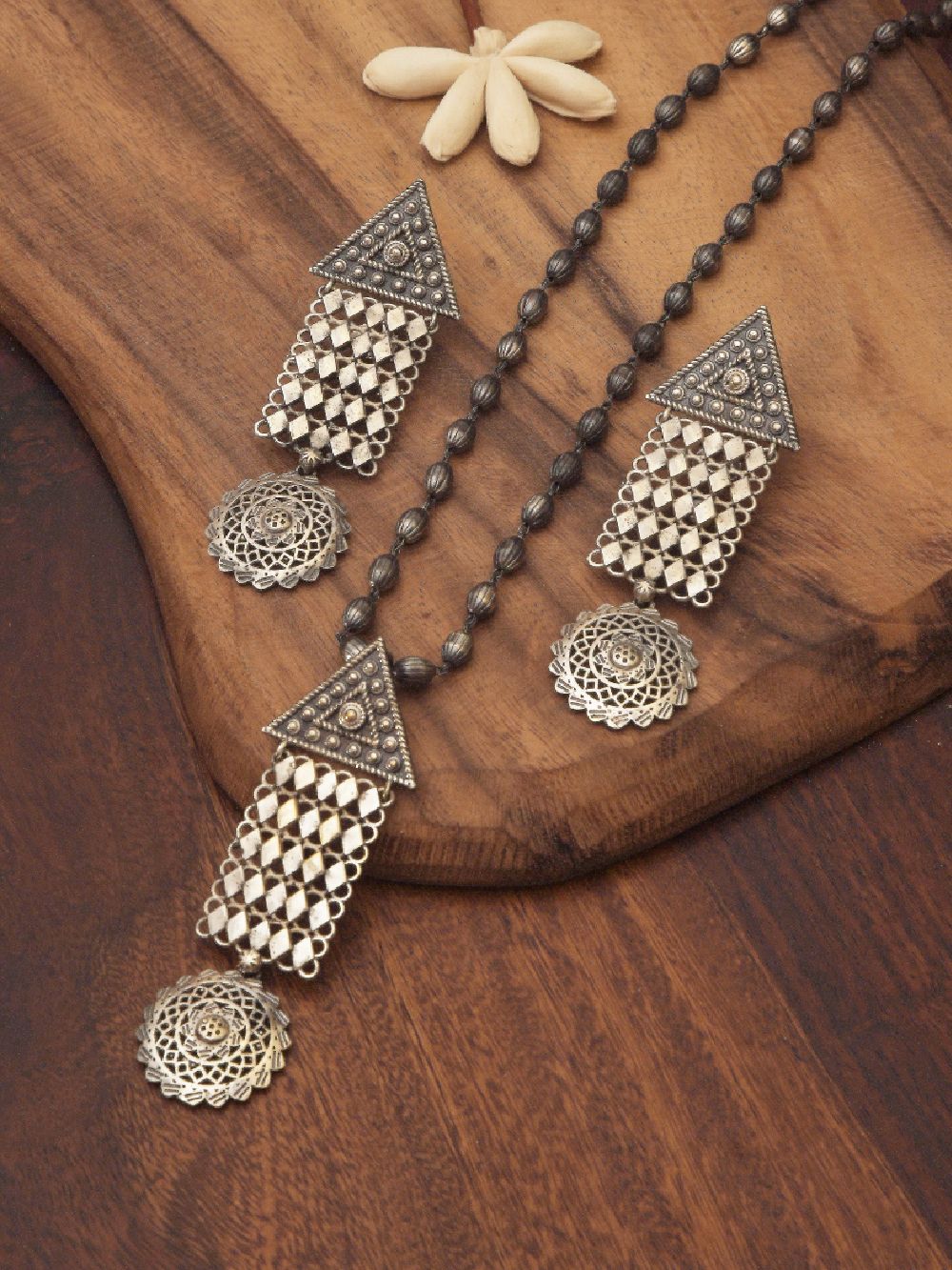Silver Tone Tribal Long Necklace Set ( Set of 2)