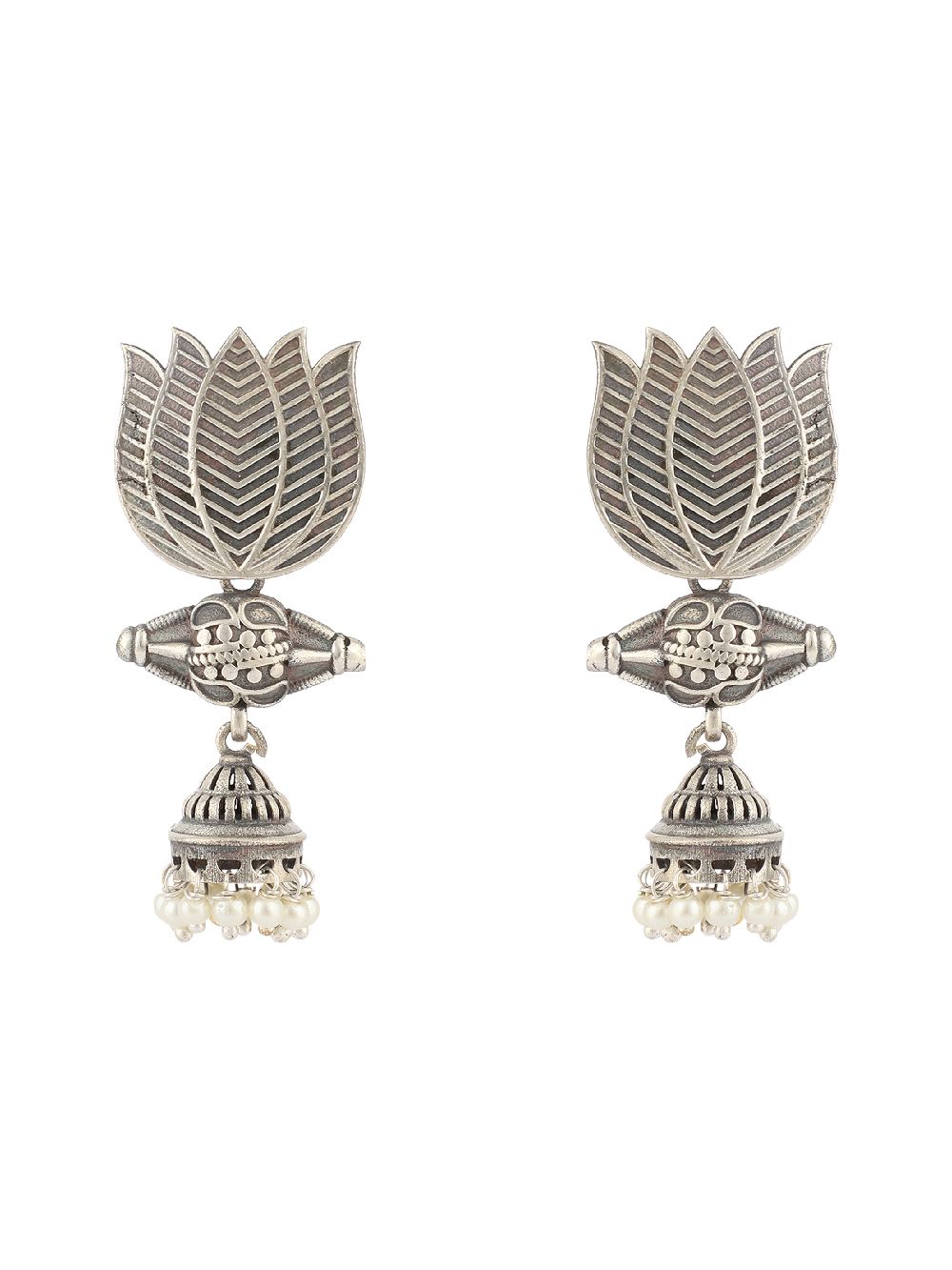 Bohemian Tale Silver Tone Brass Lotus Jhumki