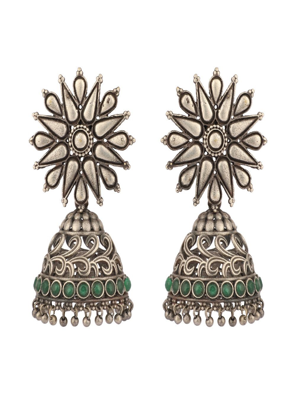  Silver Toned Green Handcrafted  Brass Earrings