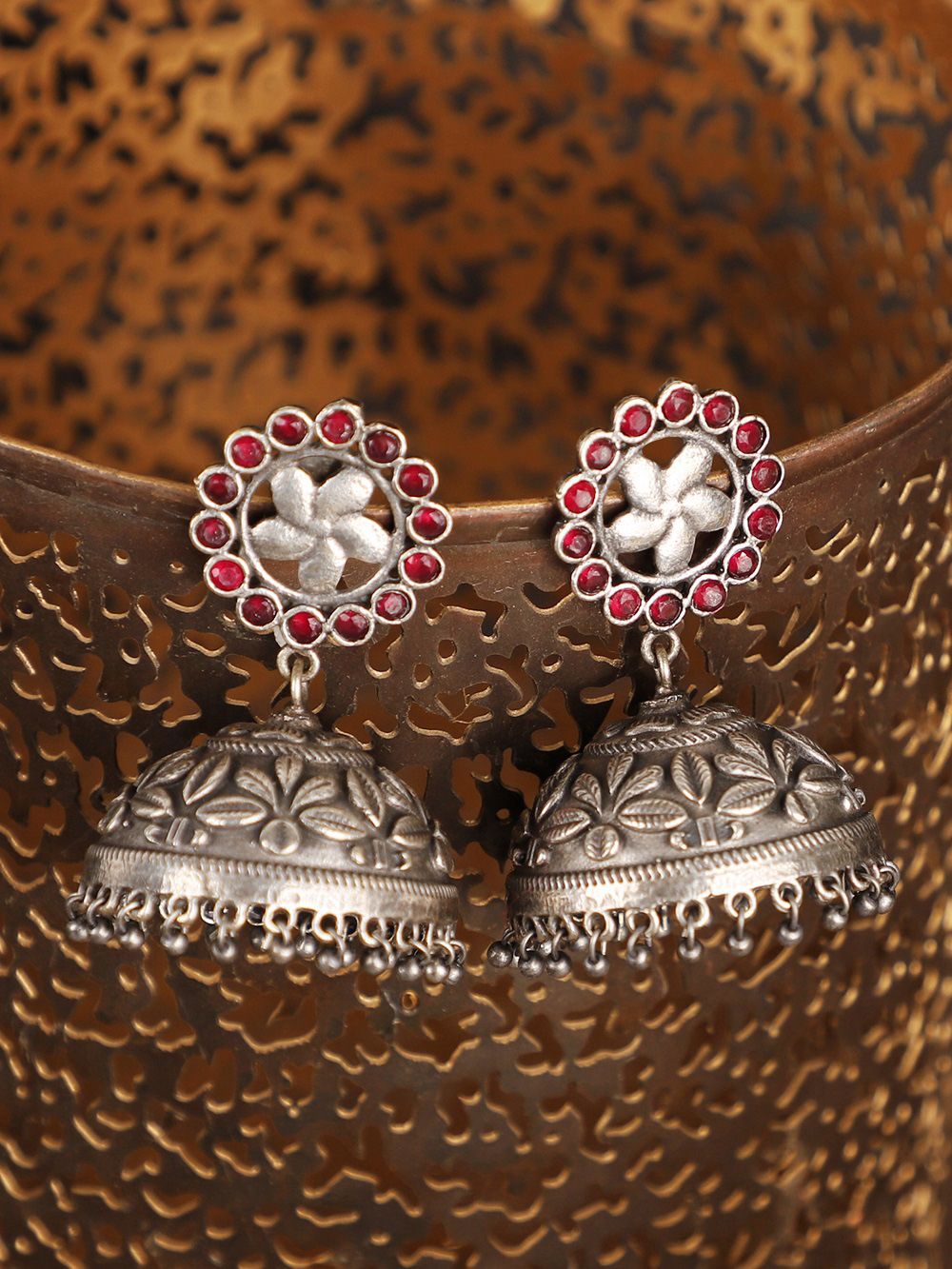 Silver Toned Red Handcrafted Brass Jhumkies