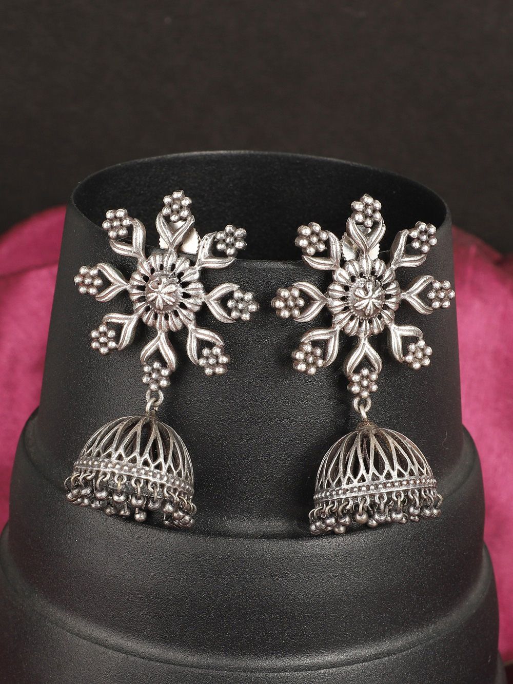  Floral Silver Tone Handcrafted Brass  Jhumka