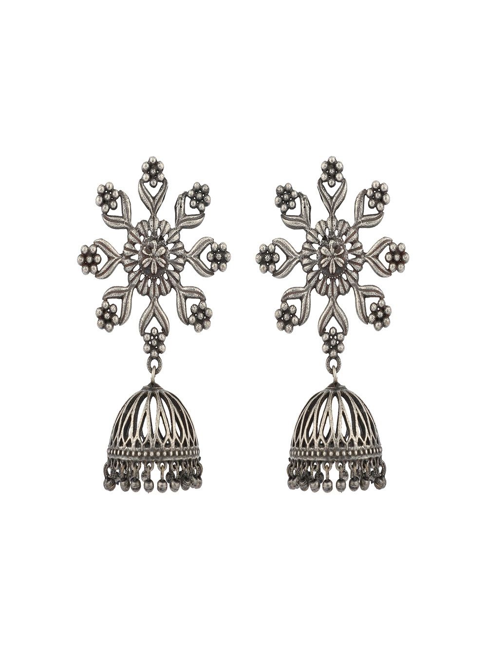  Floral Silver Tone Handcrafted Brass  Jhumka