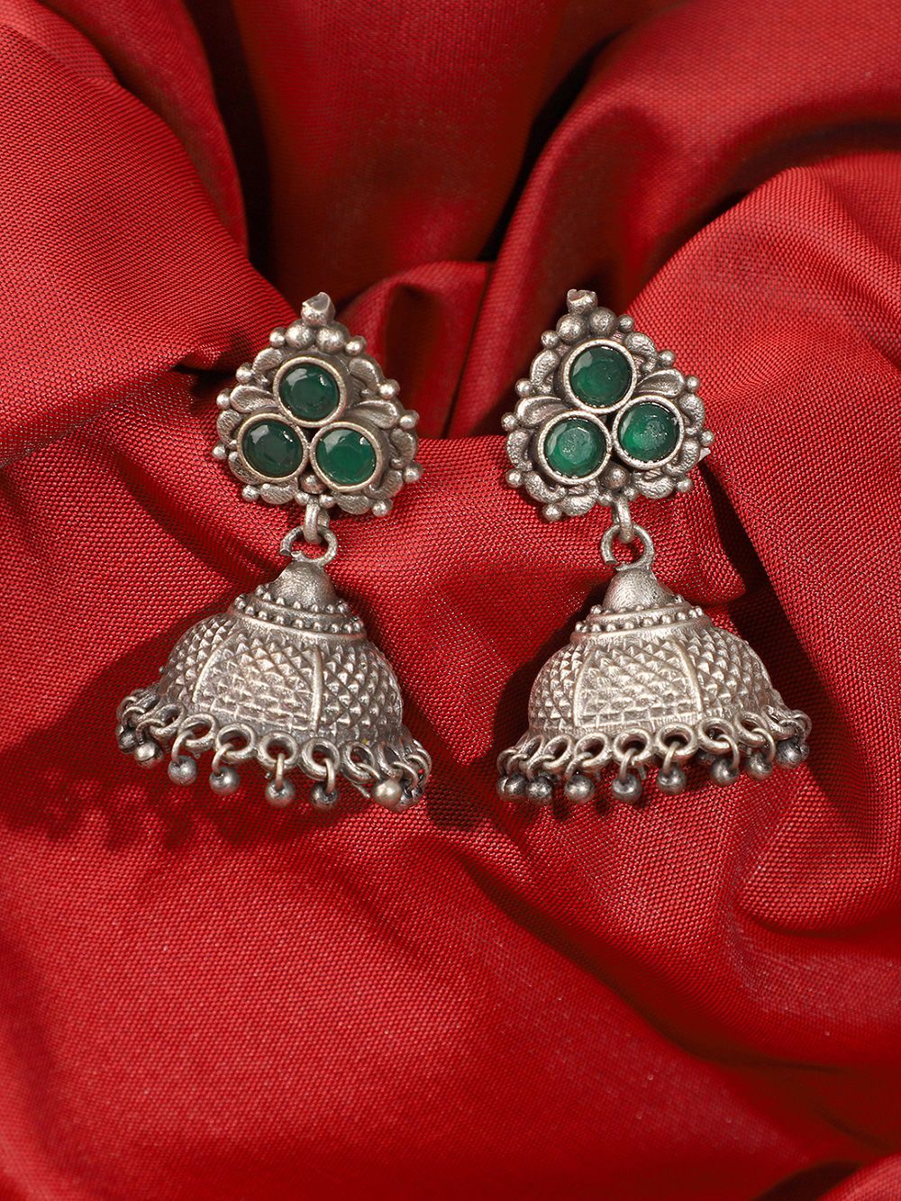  Silver Tone Green Handcrafted  Brass Jhumka