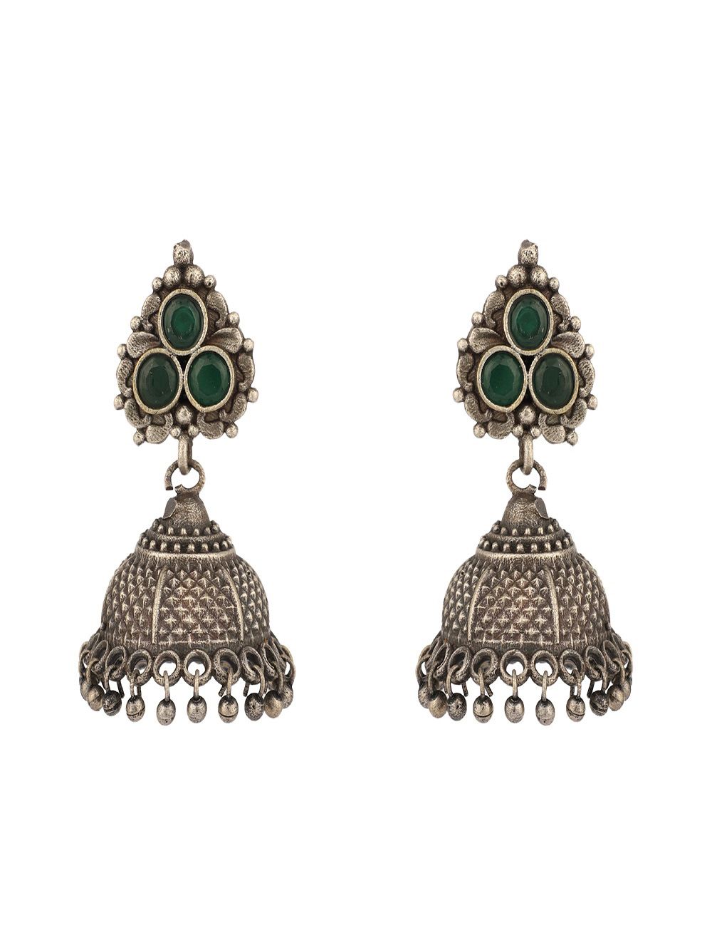  Silver Tone Green Handcrafted  Brass Jhumka