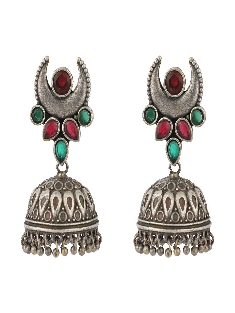 Moon Shape Silver Tone Brass Jhumka