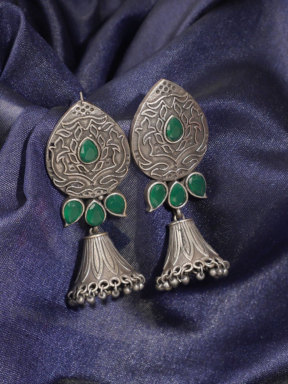 Green Emerald Silver Tone Brass Earrings