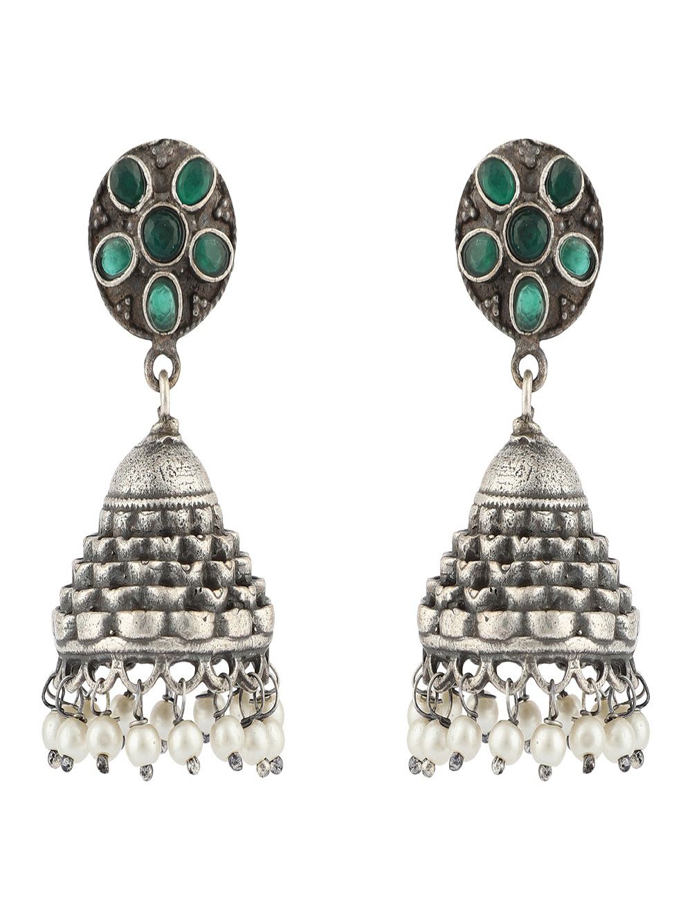 Emerald Silver Tone Brass Jhumka