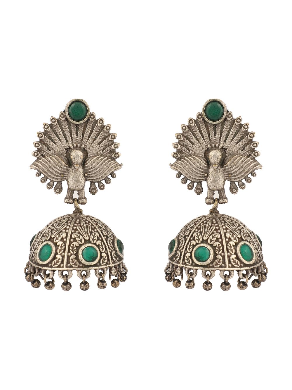 Green Silver Tone Brass Jhumka