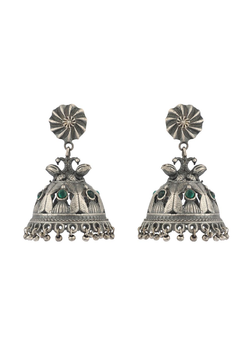 Green Silver Tone Brass Jhumka