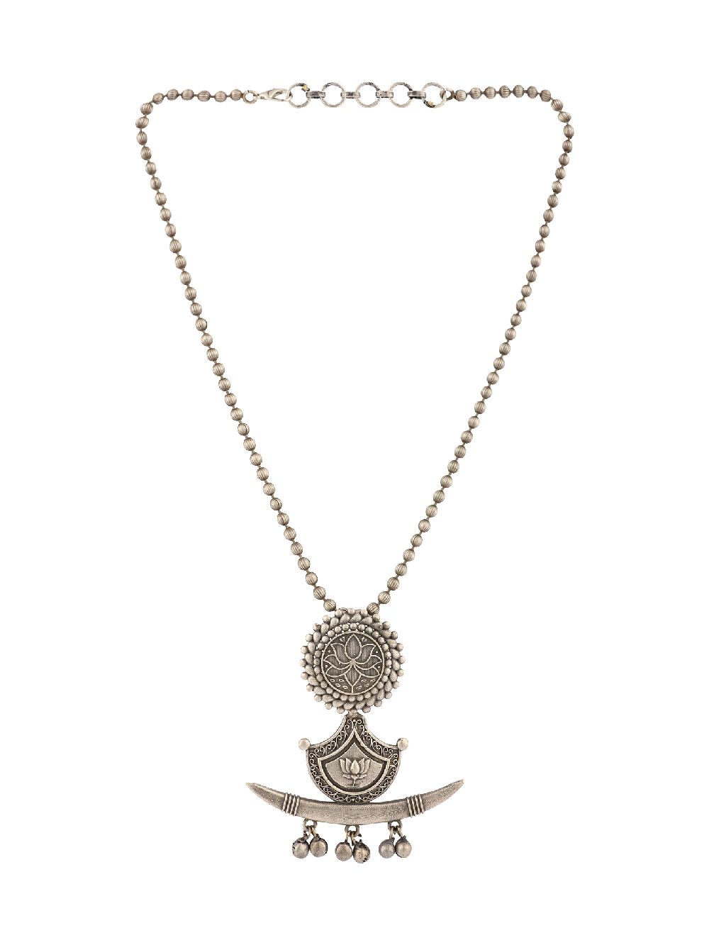 Lotus Engraved  Silver Tone Brass Necklace