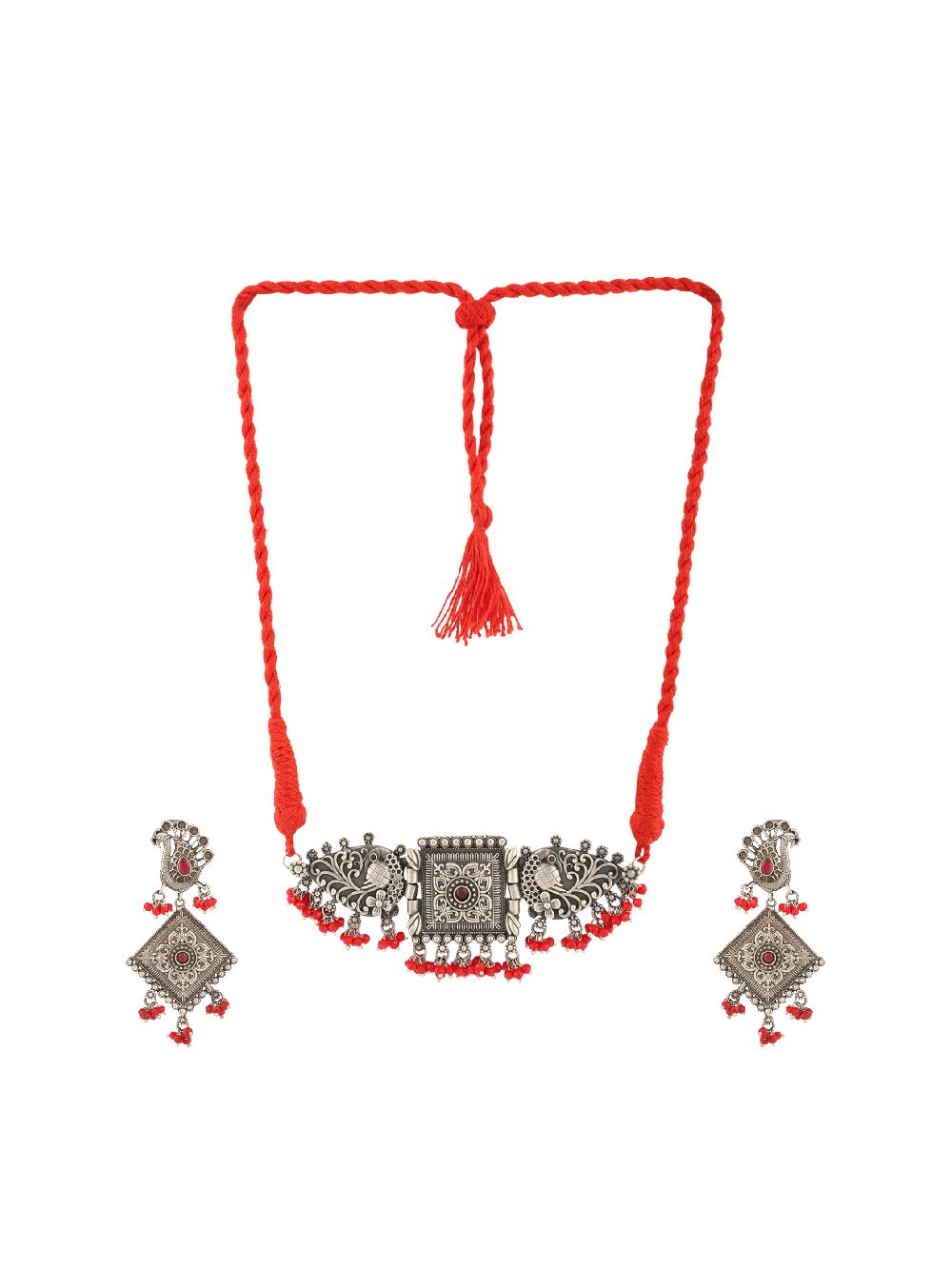  Red Peacock Silver Tone Tribal Necklace Set ( Set of 2)