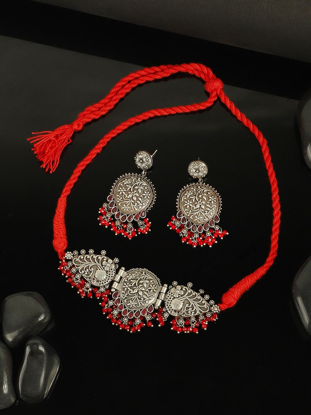  Red Silver Tone Tribal Necklace Set ( Set of 2)