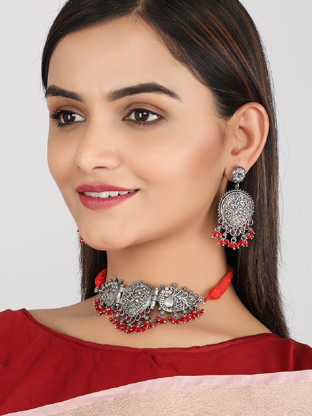  Red Silver Tone Tribal Necklace Set ( Set of 2)