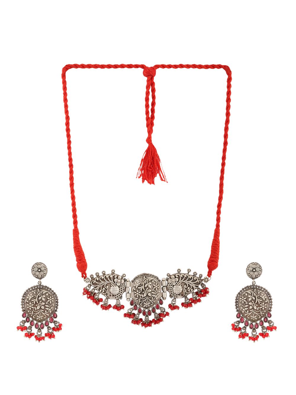  Red Silver Tone Tribal Necklace Set ( Set of 2)