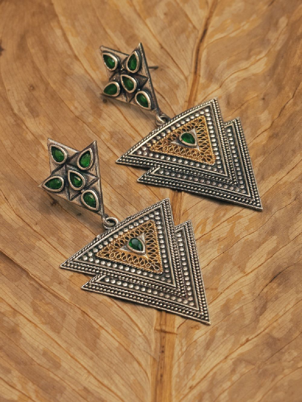 Green Dual Tone Brass  Earrings