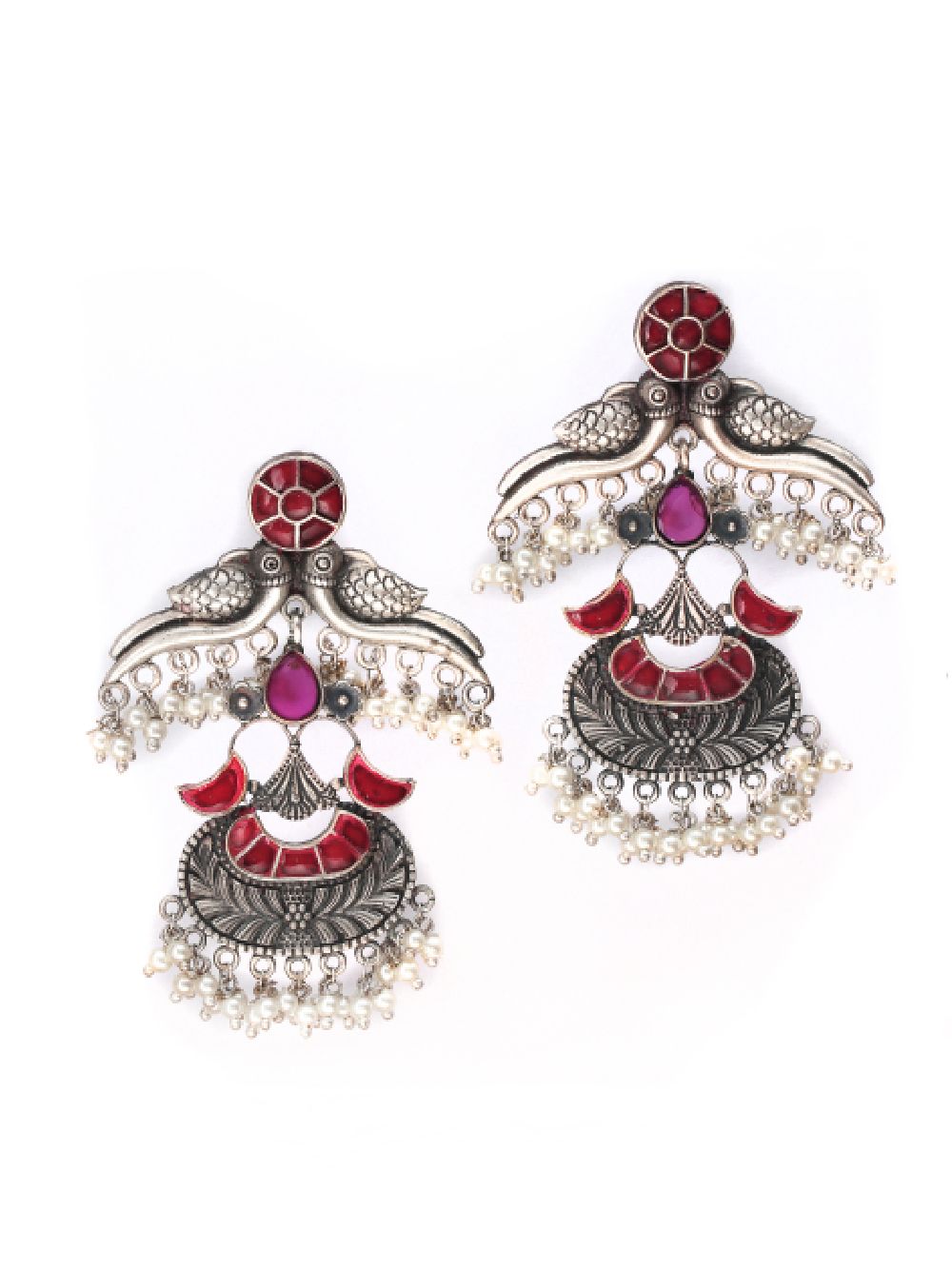 Red Tribal Silver Tone Brass Earring