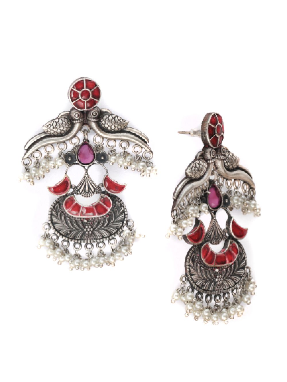 Red Tribal Silver Tone Brass Earring