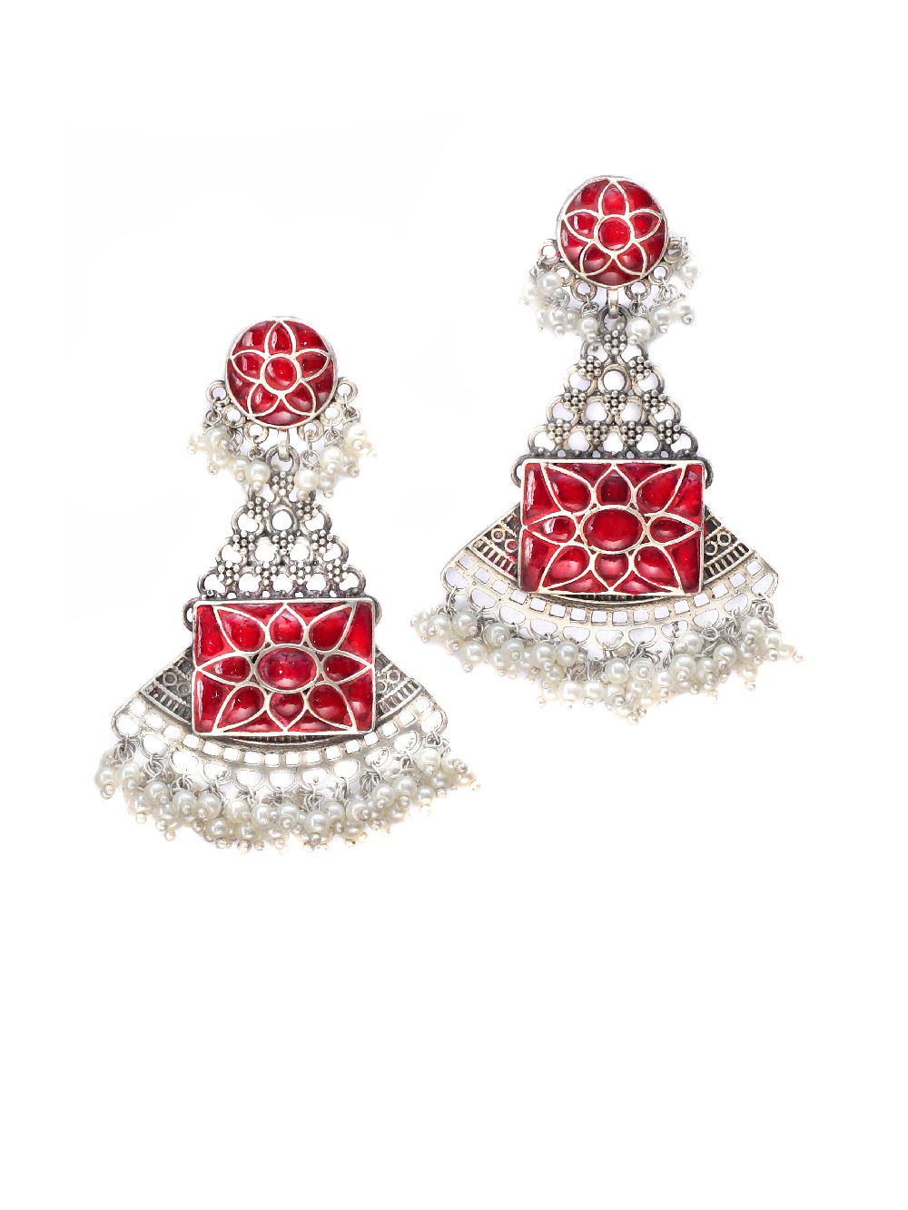 Red Tribal Silver Tone Brass Earring