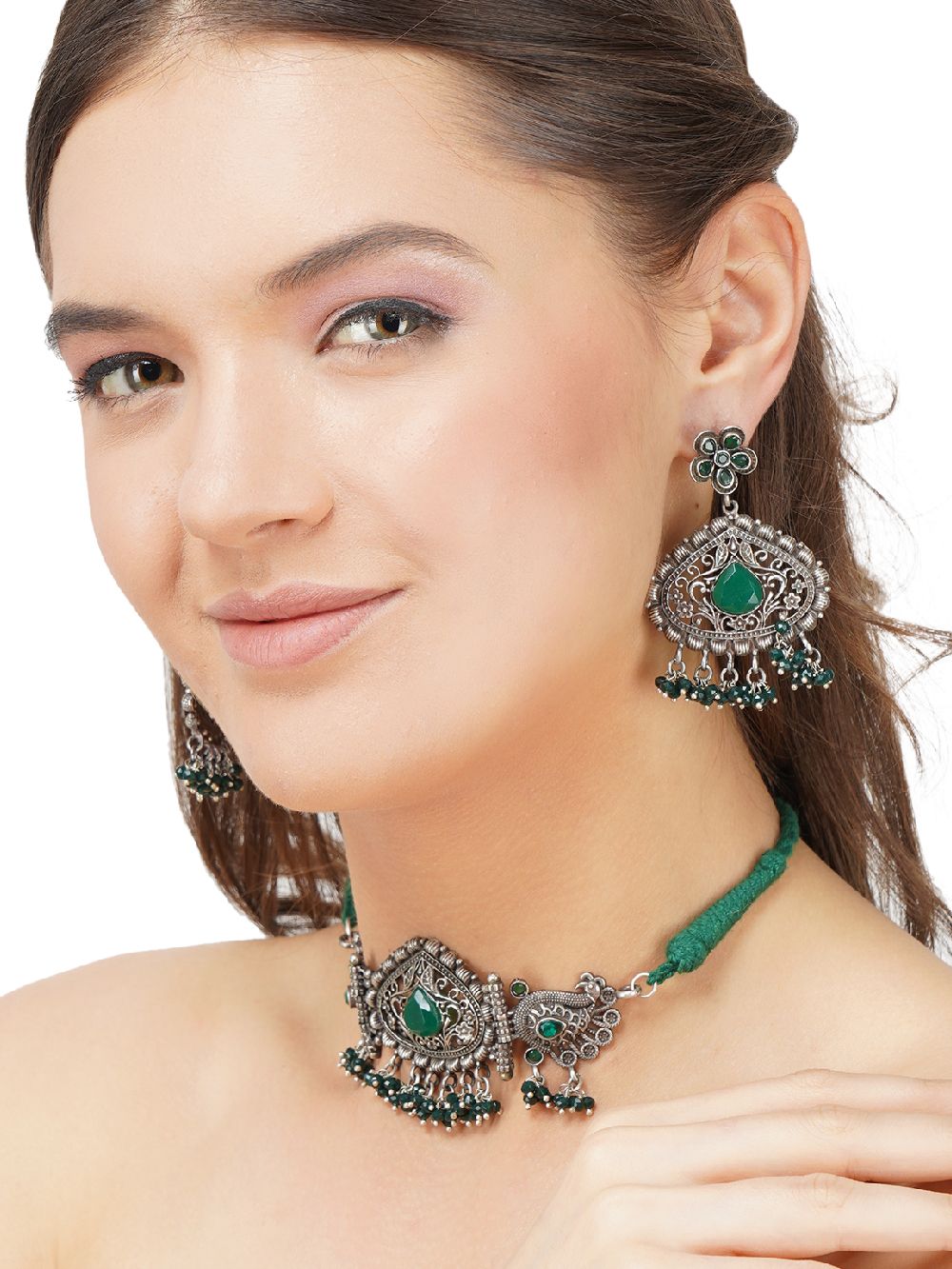 Green Silver Tone Tribal Necklace Set ( Set of 2)