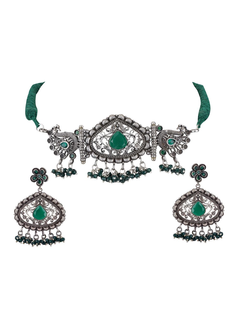 Green Silver Tone Tribal Necklace Set ( Set of 2)