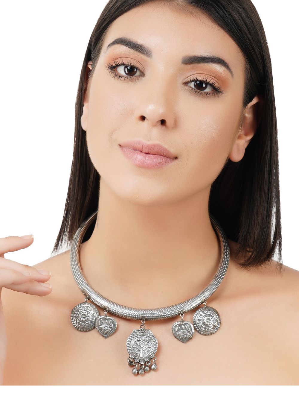  Silver Tone Brass Tribal Hasli Nacklace