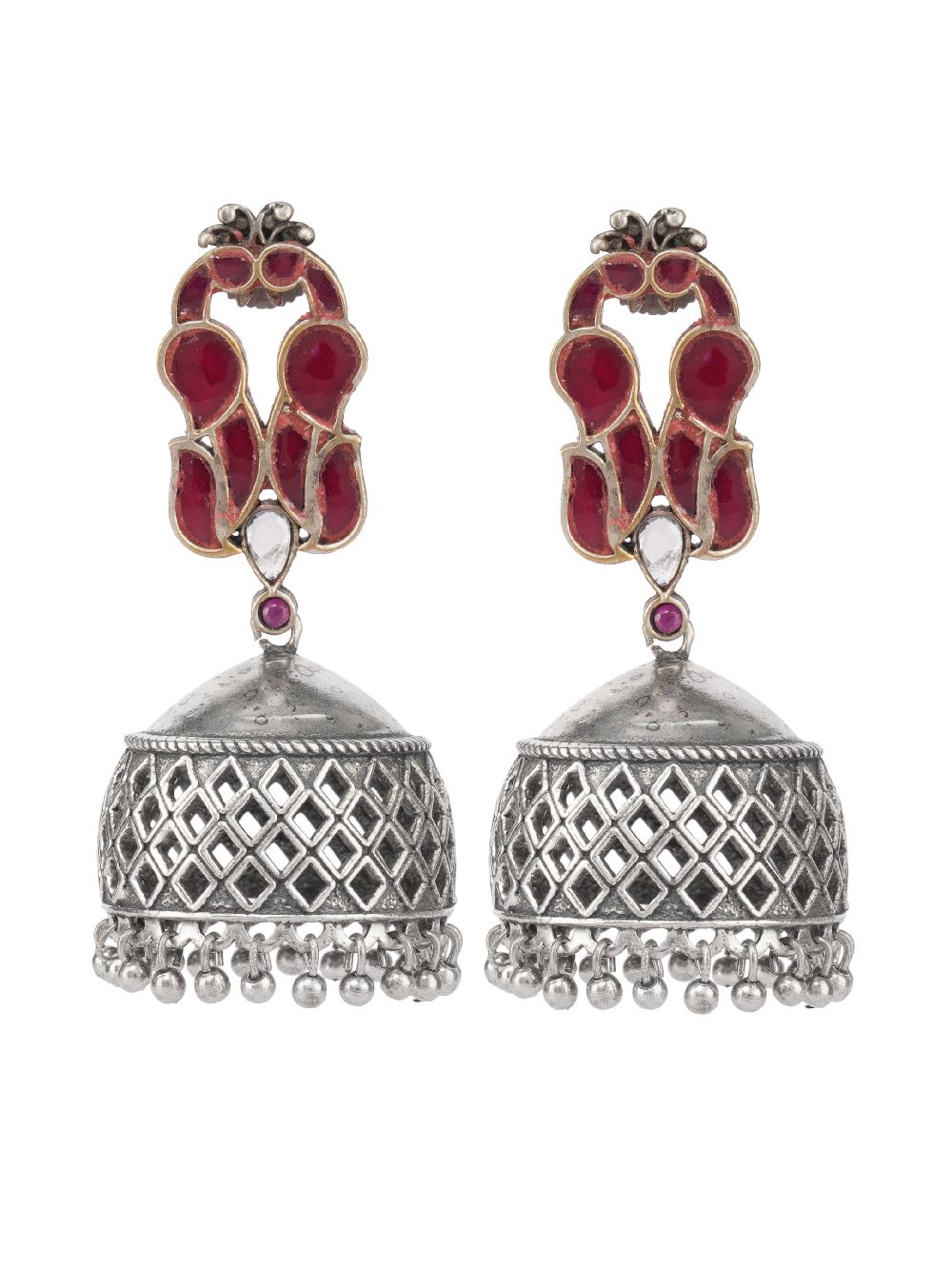 Red handcrafted  Silver Tone Brass Jhumka