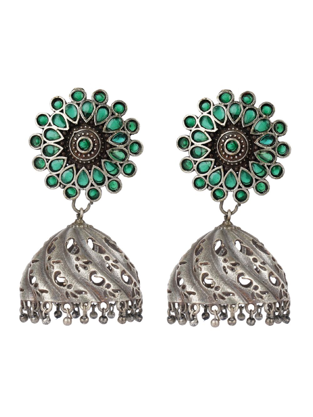 Green Handcrafted Silver Tone Brass Jhumka