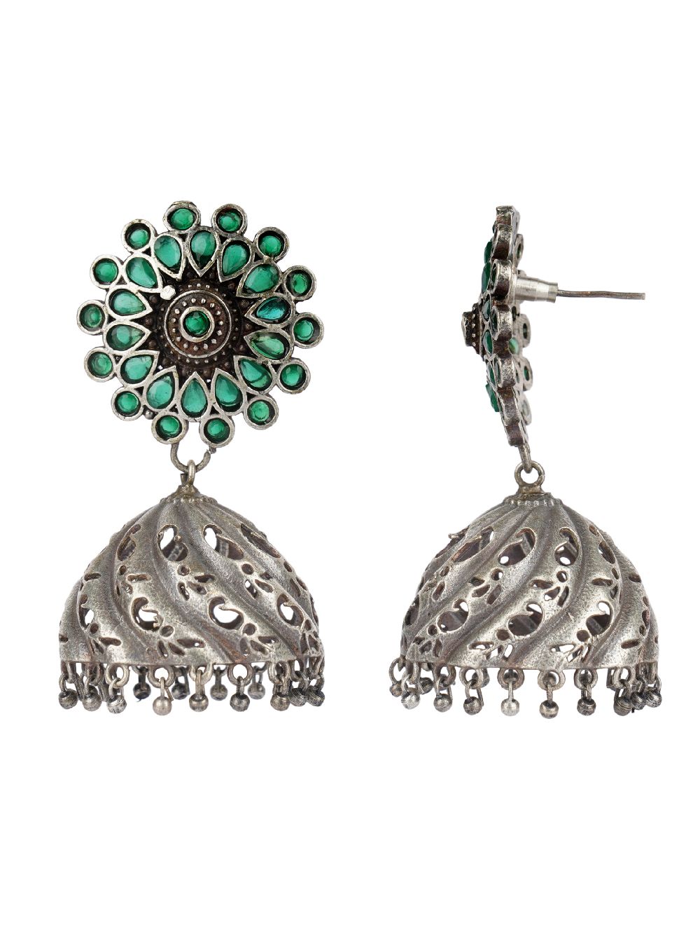 Green Handcrafted Silver Tone Brass Jhumka