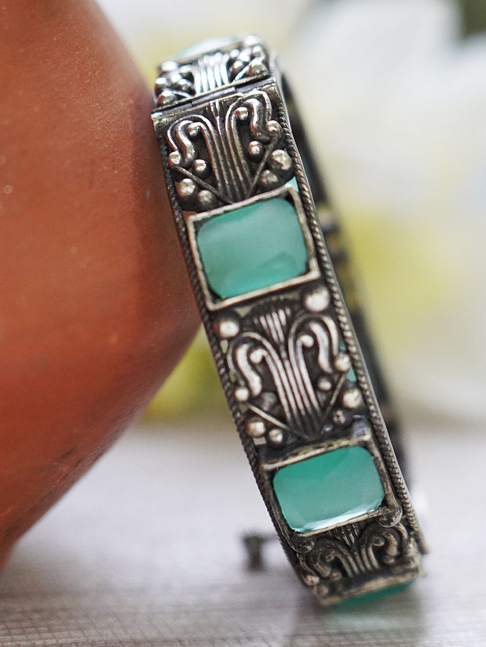 Green Tribal Silver tone Brass Bangle