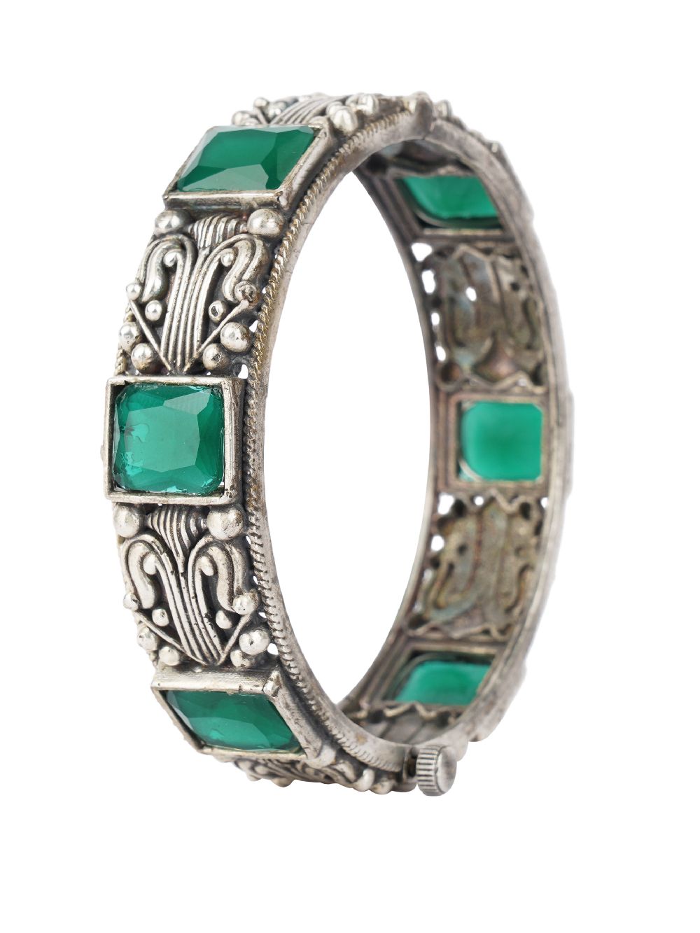 Green Tribal Silver tone Brass Bangle