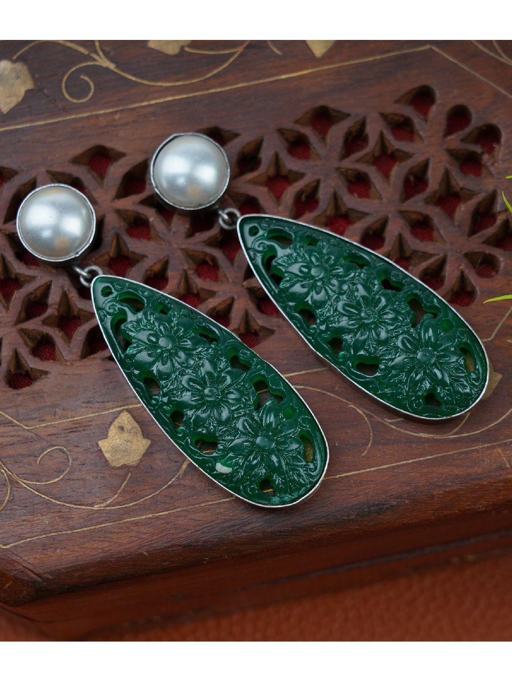 Green Hadcrafted Silver Tone Brass Earrings