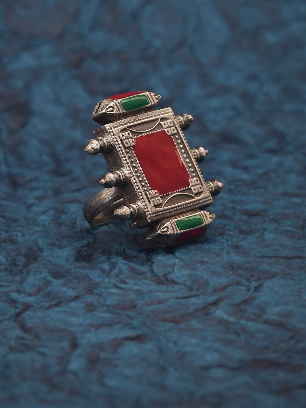 Red Enamel Silver Tone Brass Ring