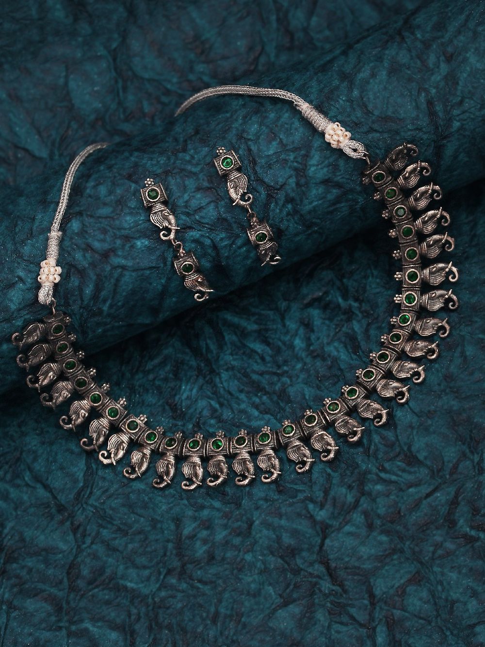 Green Silver Tone Tribal Necklace Set ( Set of 2)