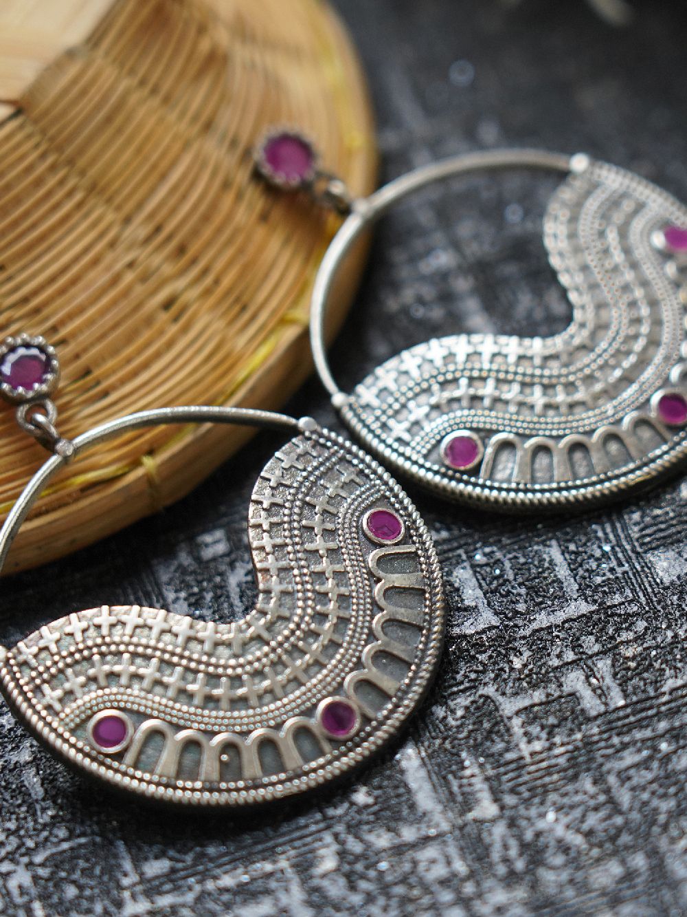 Pink Tribal Silver Tone Brass Earring