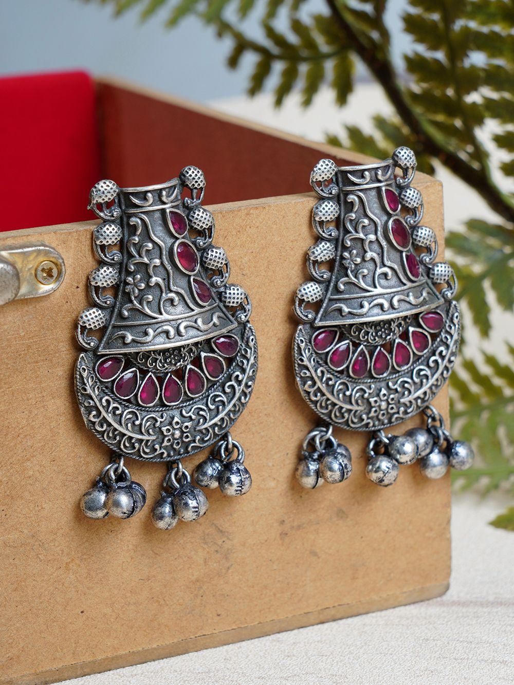 Red Handcrafted Silver Tone Brass Tribal Earrings