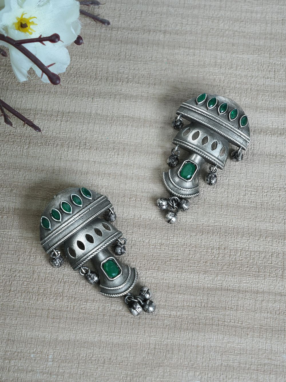 Green Handcrafted Silver Tone Brass Tribal Jhumki