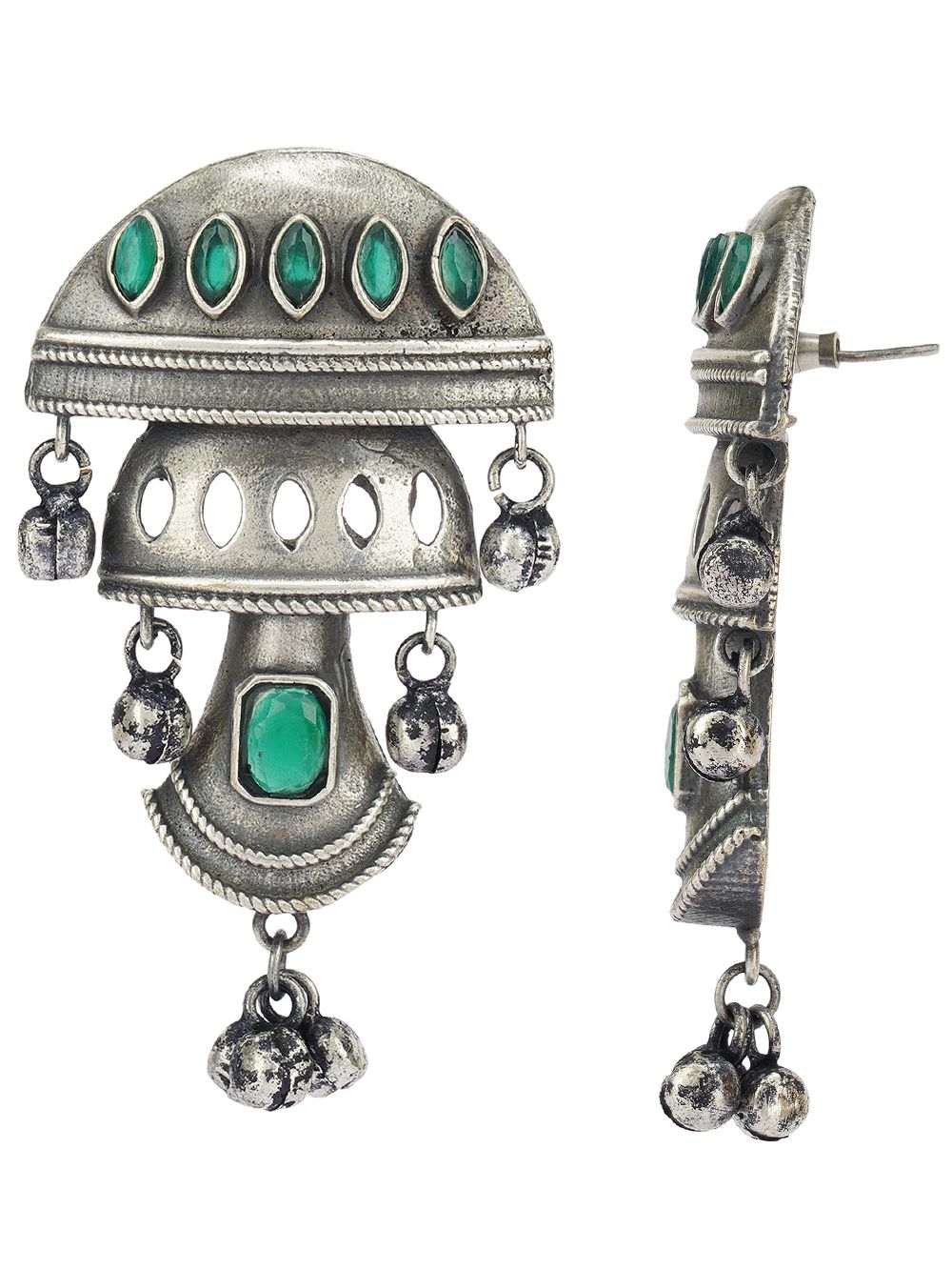 Green Handcrafted Silver Tone Brass Tribal Jhumki